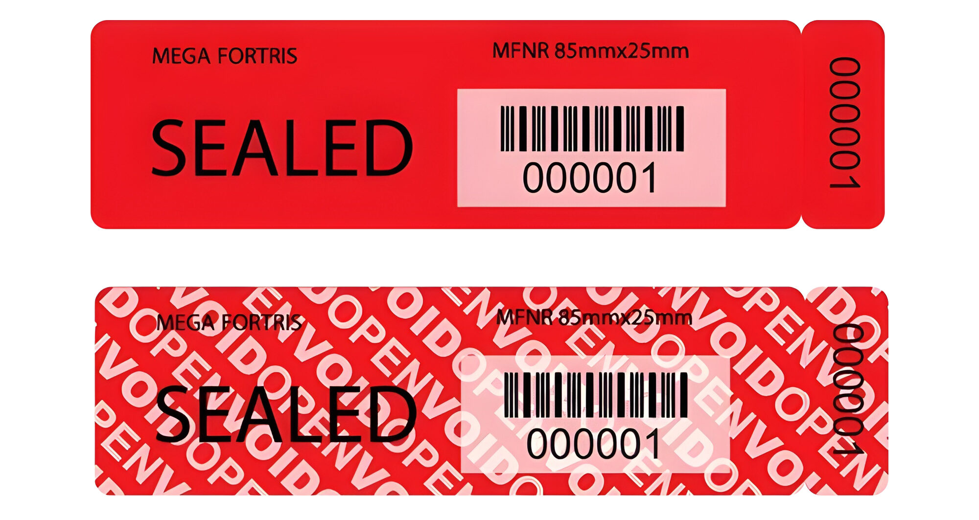 Tamper evident security label showing void pattern indicating tampering | Mega Fortris UK